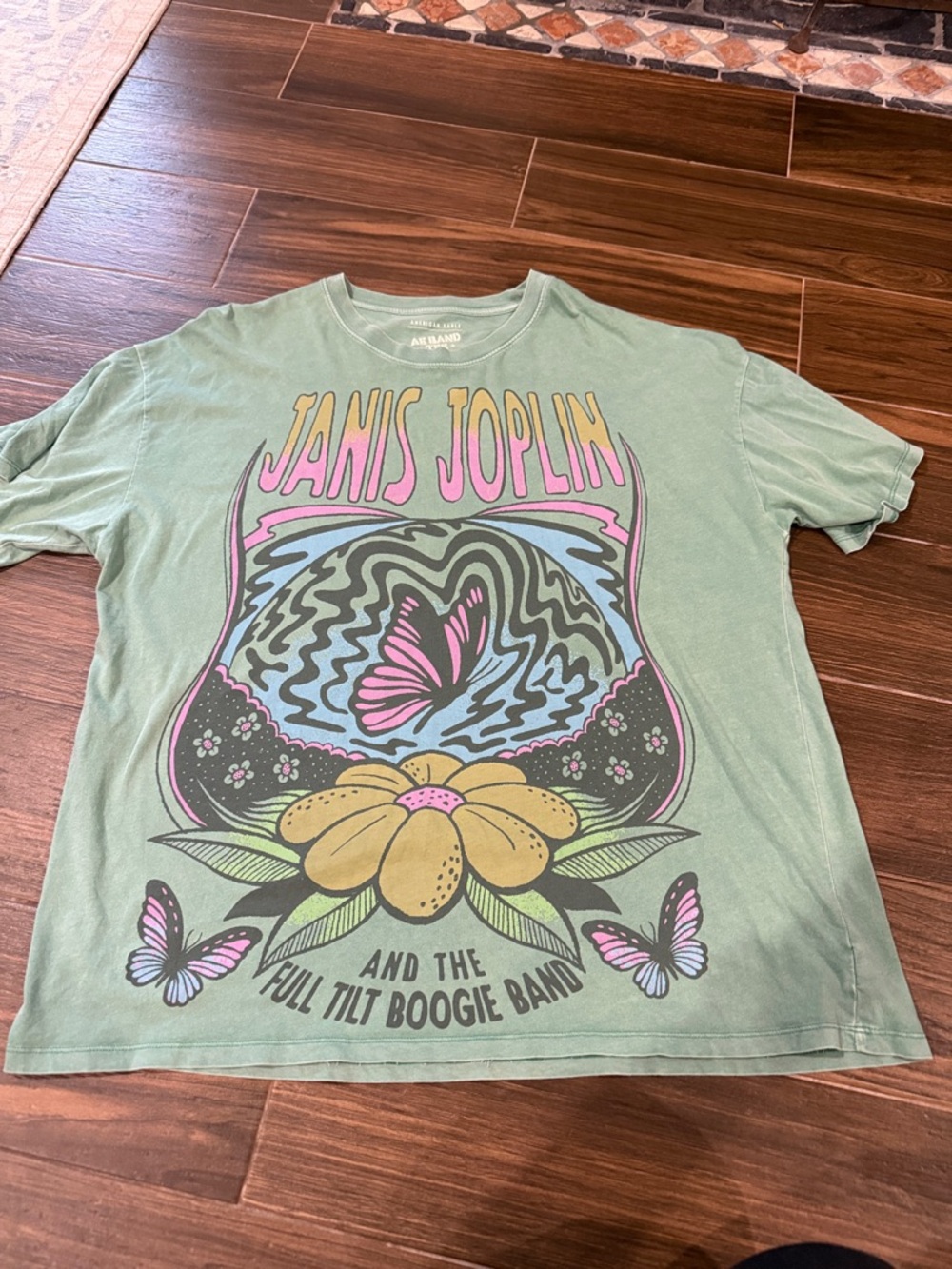 American Eagle Mint Green Janis Joplin Graphic Tee with Pastel Floral Print